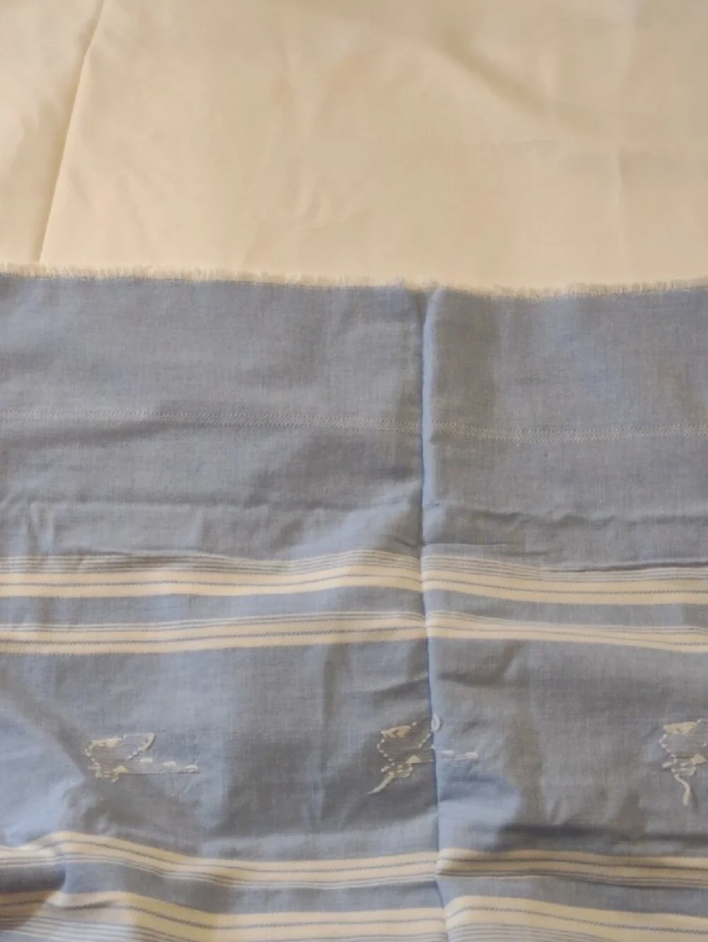 Vintage Hand Woven/Embroidered Lt. Blue Striped Napkin & Table Cloth/Runner Set